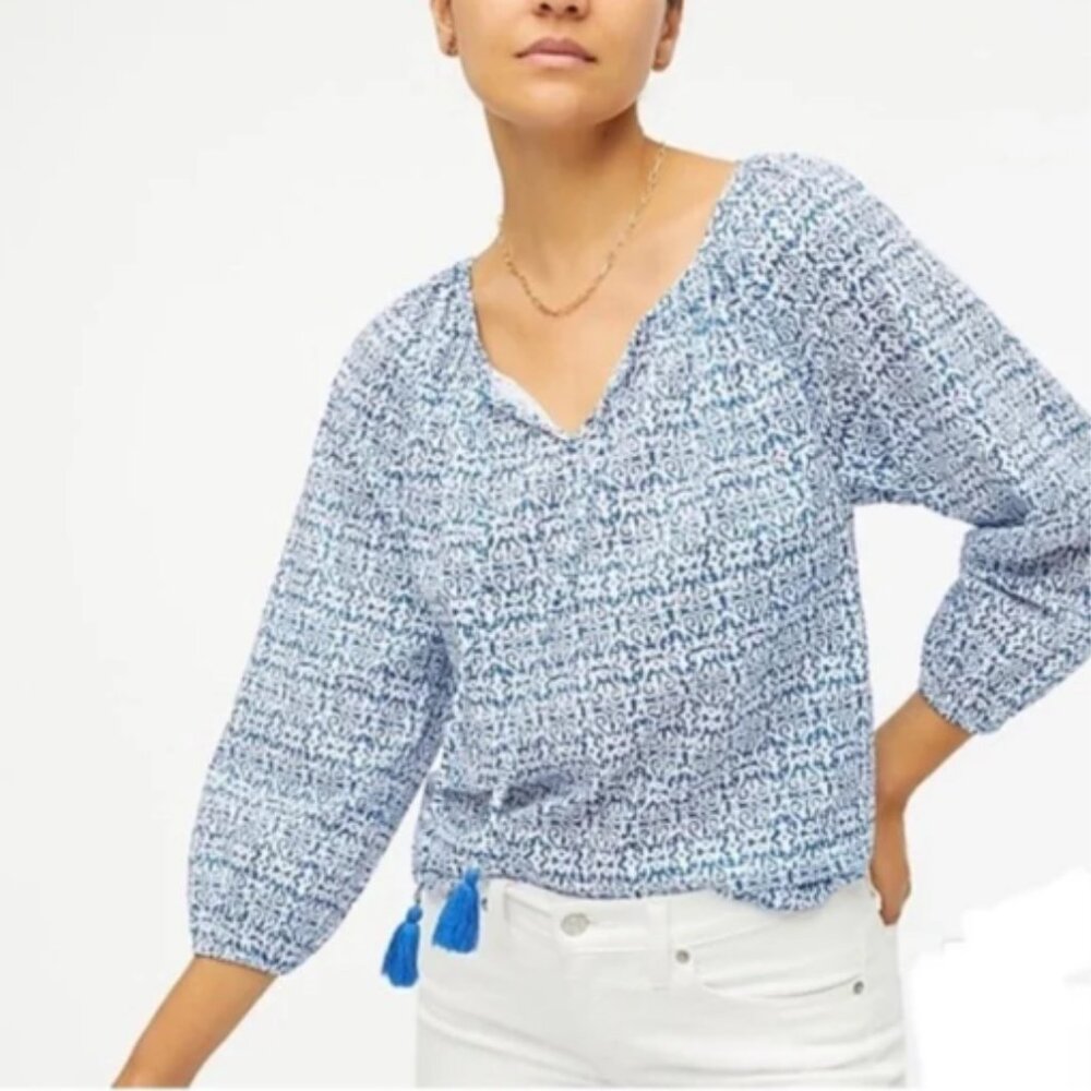 J.Crew Blouse Medium Blue White Raglan‎ Cotton Popover Preppy Elegant Coastal